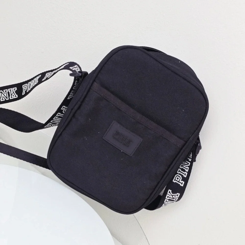 PINK Victoria's Secret Crossbody Bag OS Black Canvas Logo Strap Sporty Festival
